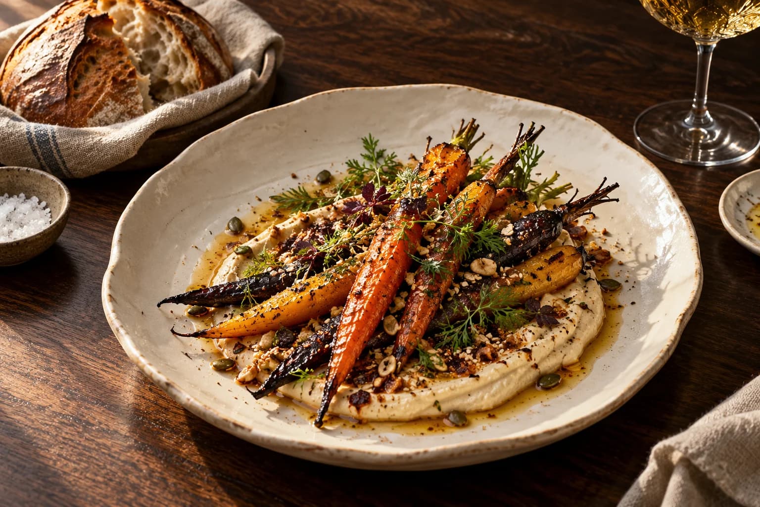 Fire-roasted carrots with whipped tahini and herbs, beside sourdough on a walnut table; original concept imagery