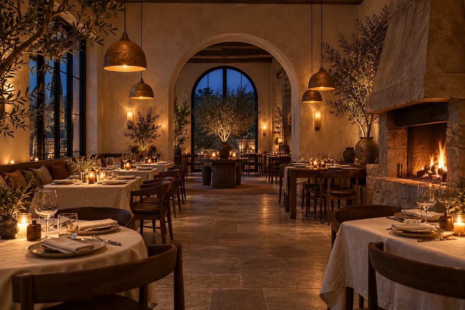 Warmly lit restaurant interior with linen tables, arched windows and an open hearth; original concept imagery