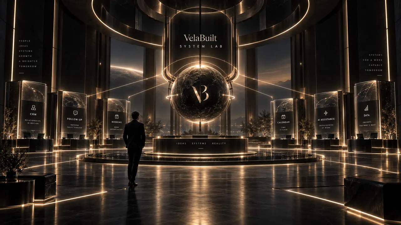 The VelaBuilt System Lab: a circular chamber with a suspended core at its center and glass stations around the perimeter.