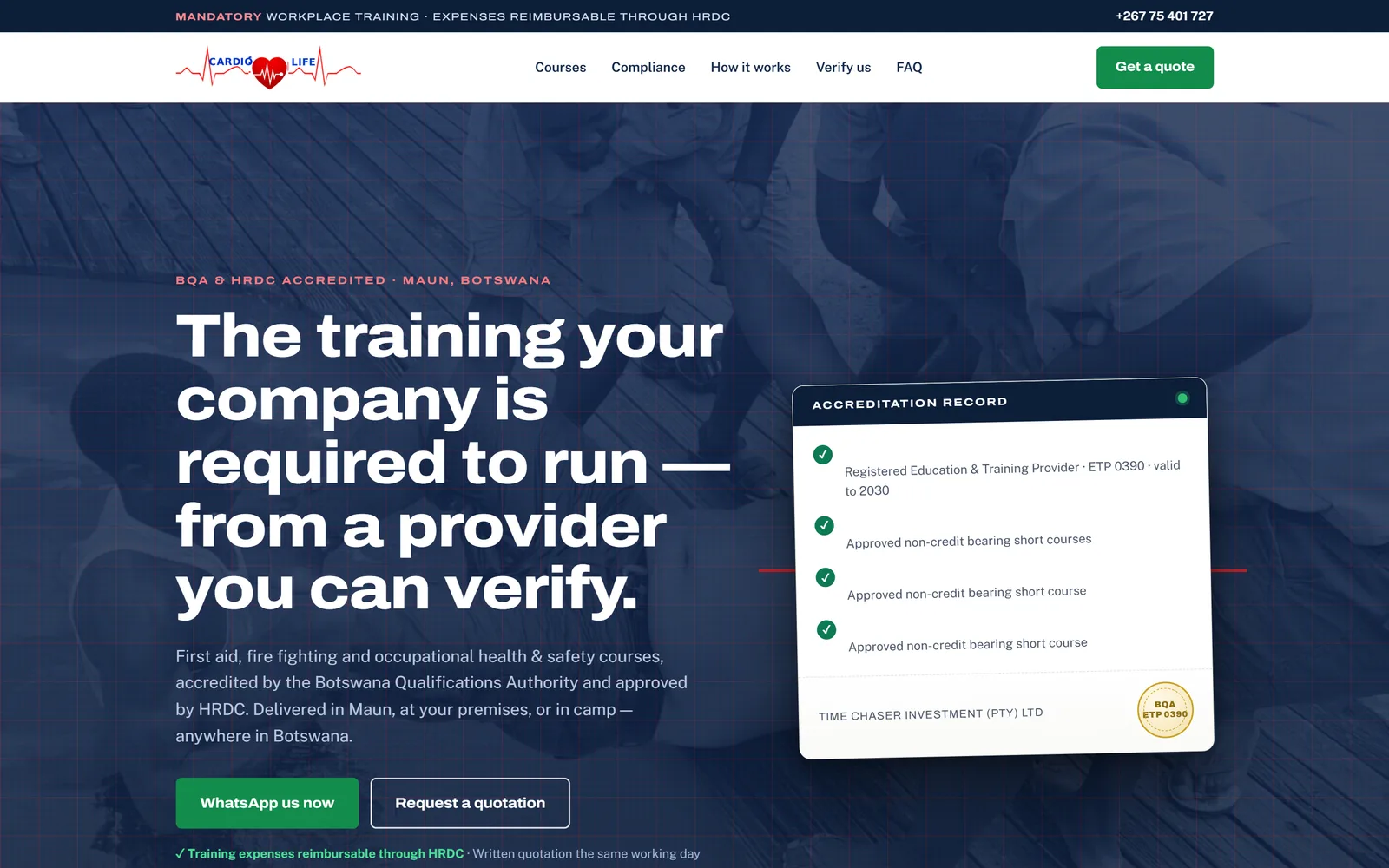 The Cardio Life home page: a headline reading “The training your company is required to run — from a provider you can verify”, over a photograph of a first aid session, beside a panel listing the provider’s BQA accreditation record.