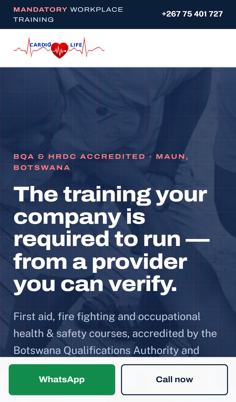 The Cardio Life home page on a phone, with the accreditation record and the quotation request reachable without pinching or zooming.